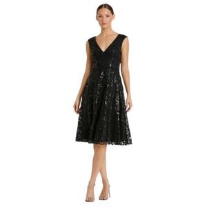 Mac Duggal NEW Size 12 Black Sequined V Neck Cap Sleeve Midi Dress Style A68012